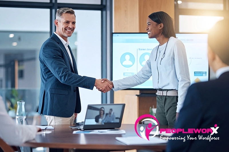 Small business employee onboarding process illustration with HR manager guiding new hire