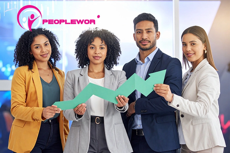 Business team hold a statistical arrow. concept of growing, successful business