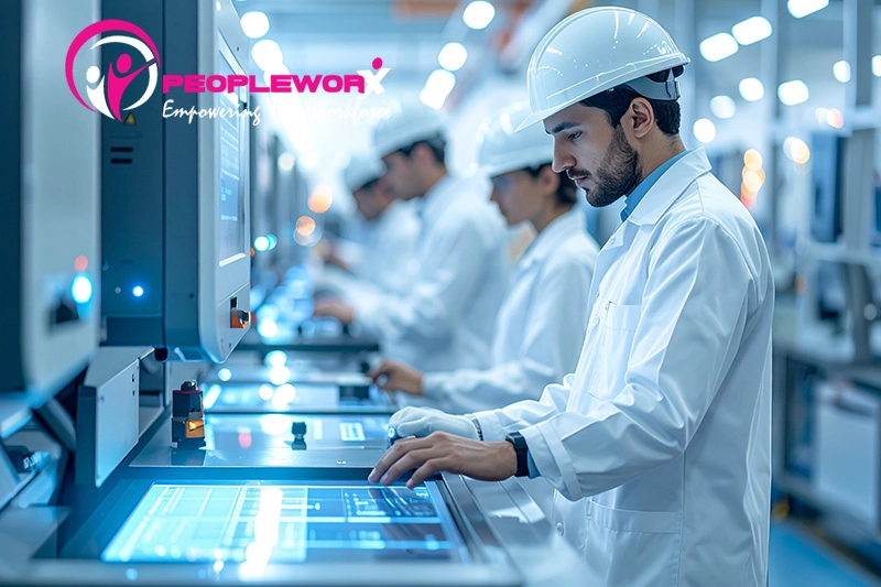 A modern manufacturing team using digital tools and smart equipment on the production