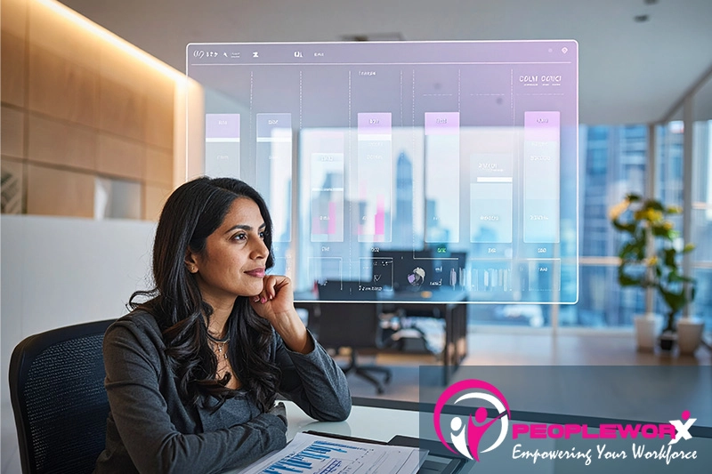 A business owner or HR professional reviewing a digital dashboard with subtle AI-data