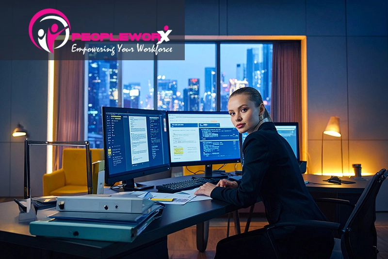 HR professional reviewing documents with multiple screens