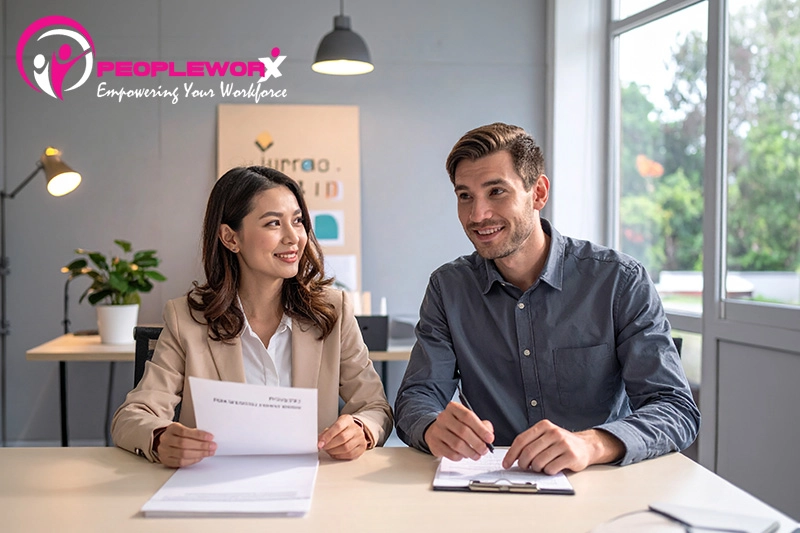 Manager and employee having a structured performance feedback conversation