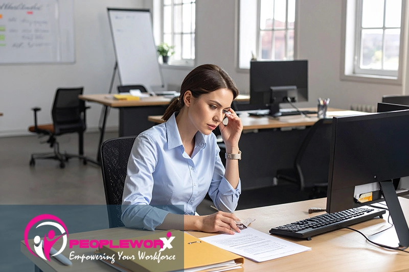 Small business owner reviewing HR documents to identify potential people and compliance risks