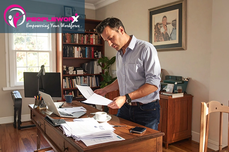 Small business owner reviewing people-related paperwork at a desk